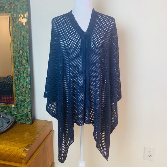 V-Neck Open Knit Kimono Sleeve Poncho Sweater Blue Pullover One Size - Picture 2 of 7